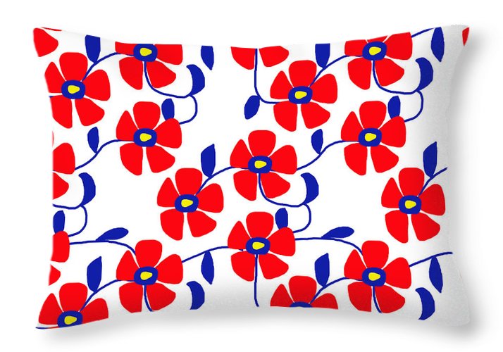 Red Flowers Blue Vines - Throw Pillow