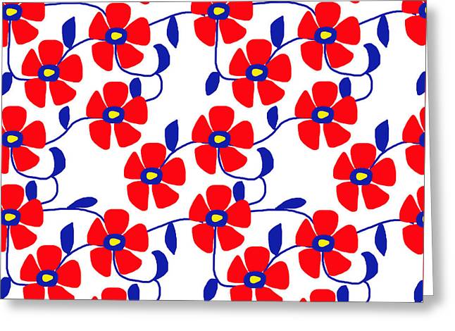 Red Flowers Blue Vines - Greeting Card
