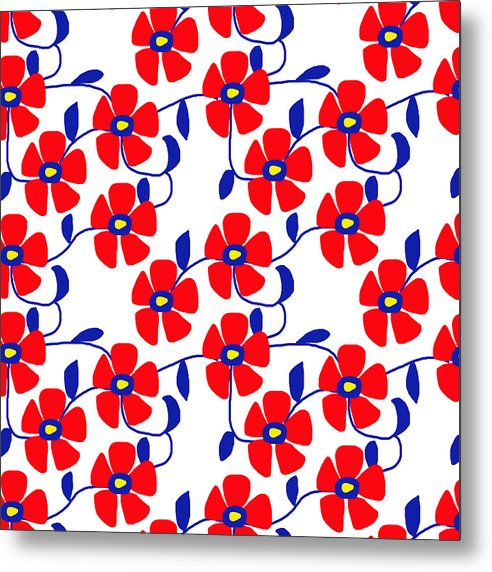 Red Flowers Blue Vines - Metal Print