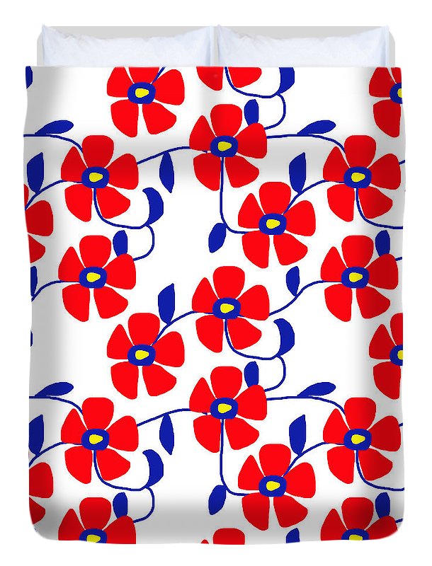 Red Flowers Blue Vines - Duvet Cover