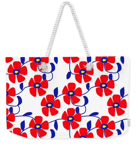 Red Flowers Blue Vines - Weekender Tote Bag