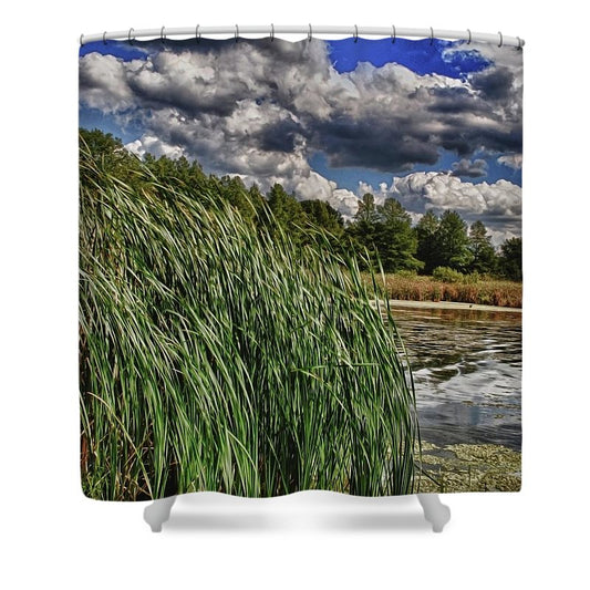 Reeds Along a Campground Lake - Shower Curtain