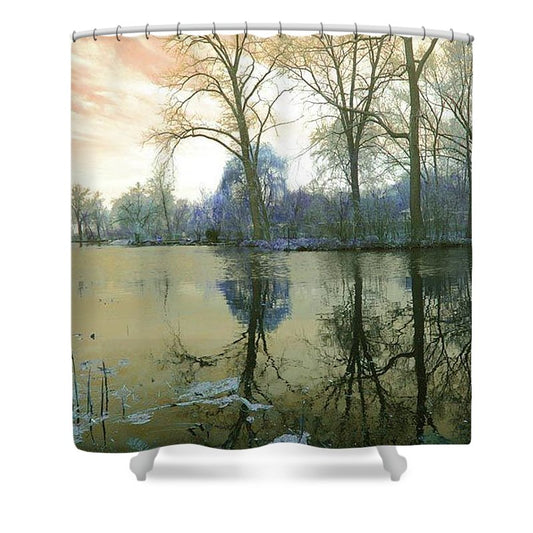 Sunset On Lake in Yellow - Shower Curtain