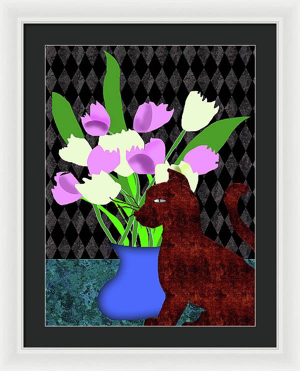 The Cat and The Tulips - Framed Print