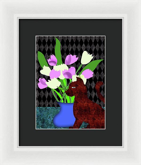 The Cat and The Tulips - Framed Print