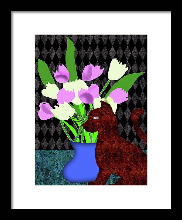 The Cat and The Tulips - Framed Print