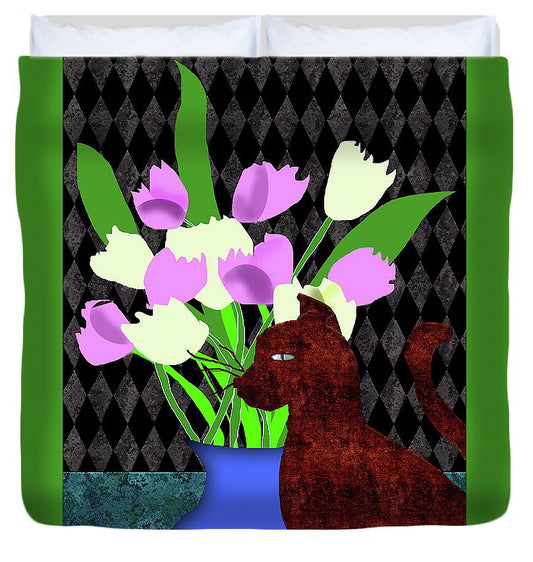 The Cat and The Tulips - Duvet Cover