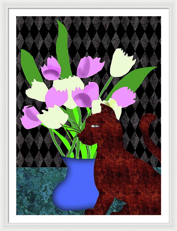 The Cat and The Tulips - Framed Print