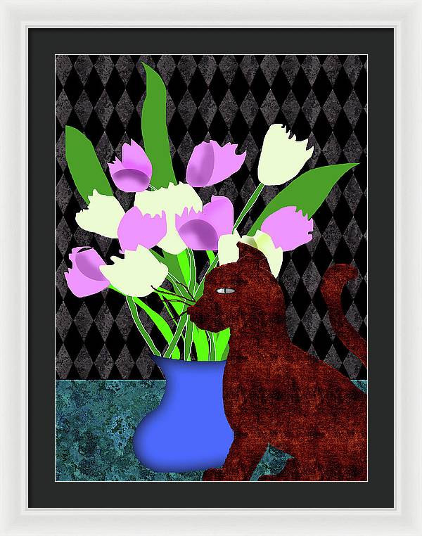 The Cat and The Tulips - Framed Print