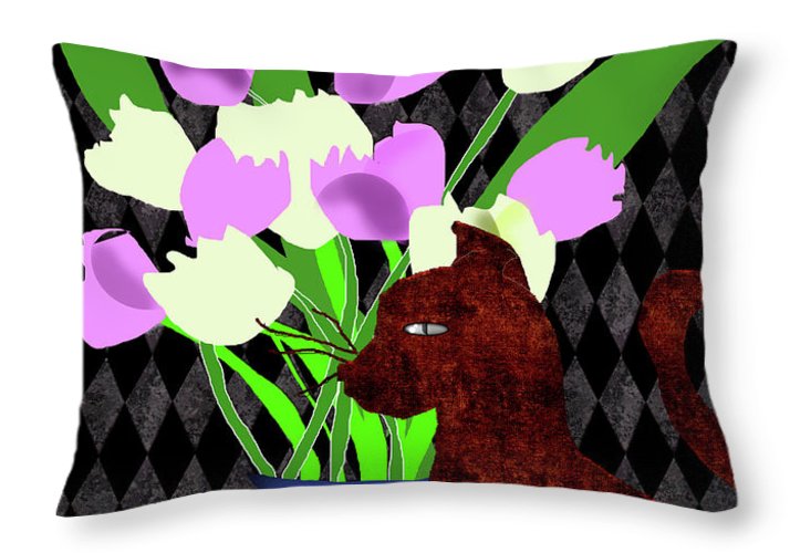 The Cat and The Tulips - Throw Pillow