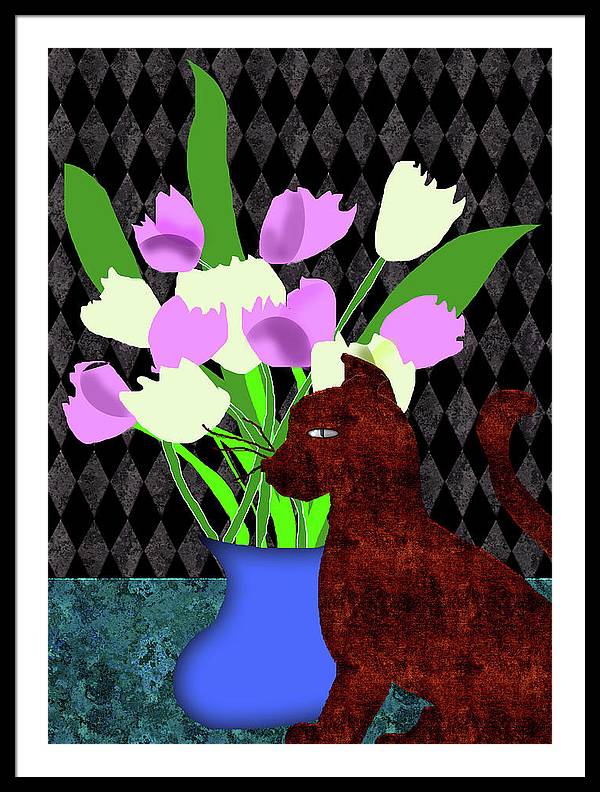 The Cat and The Tulips - Framed Print