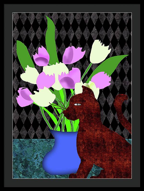 The Cat and The Tulips - Framed Print