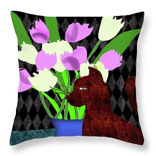 The Cat and The Tulips - Throw Pillow
