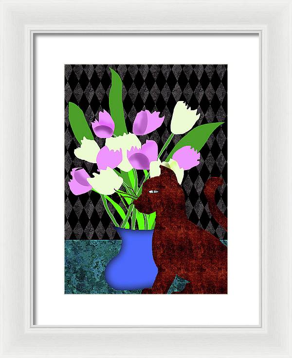 The Cat and The Tulips - Framed Print