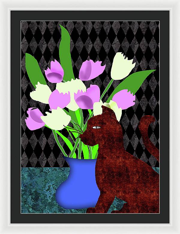 The Cat and The Tulips - Framed Print