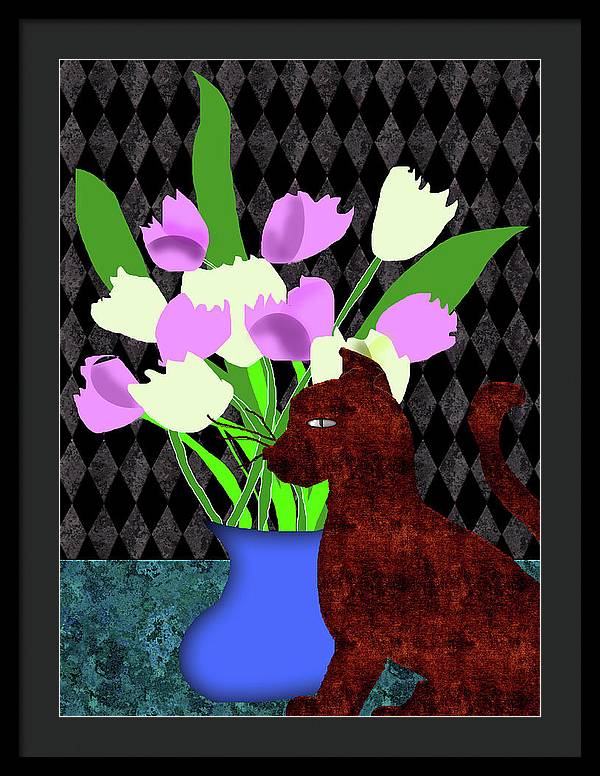 The Cat and The Tulips - Framed Print