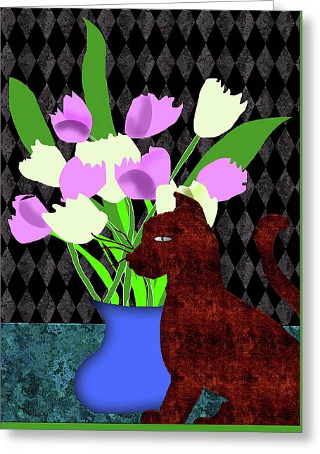 The Cat and The Tulips - Greeting Card
