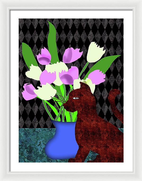 The Cat and The Tulips - Framed Print