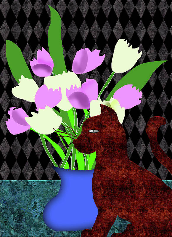 The Cat and The Tulips - Art Print