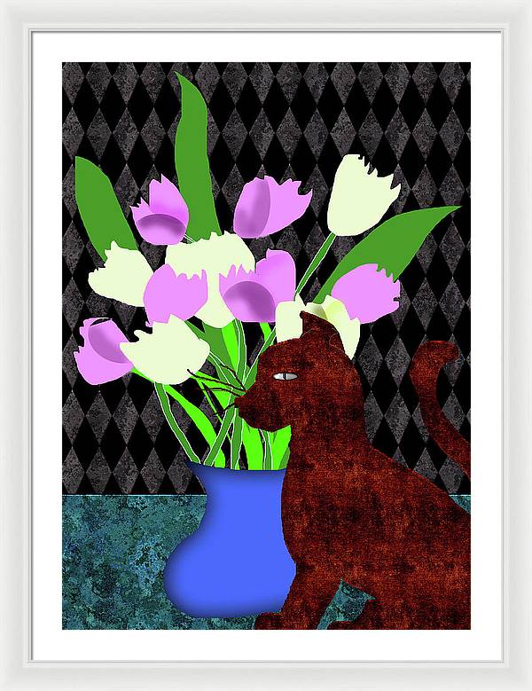 The Cat and The Tulips - Framed Print