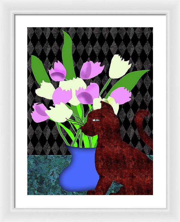 The Cat and The Tulips - Framed Print