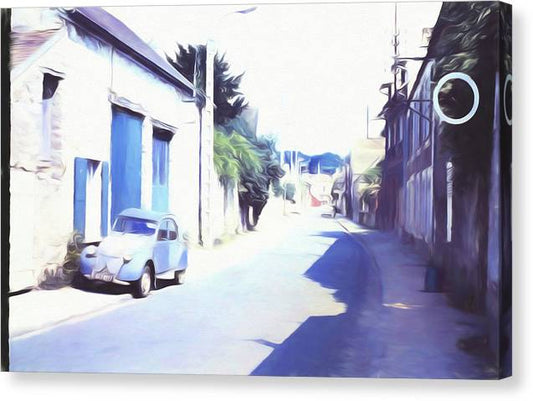 Vintage Travel Blue Car on The Street - Canvas Print