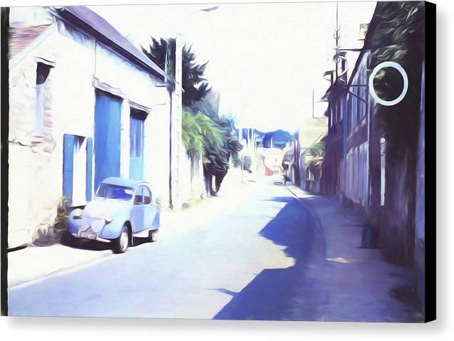 Vintage Travel Blue Car on The Street - Canvas Print