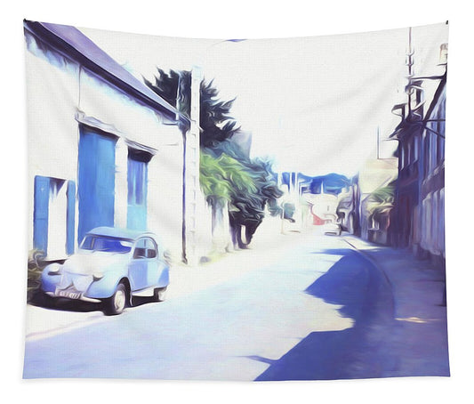Vintage Travel Blue Car on The Street - Tapestry