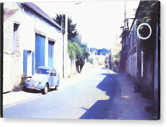 Vintage Travel Blue Car on The Street - Acrylic Print