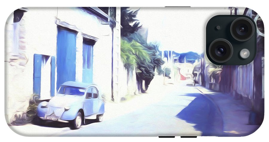 Vintage Travel Blue Car on The Street - Phone Case