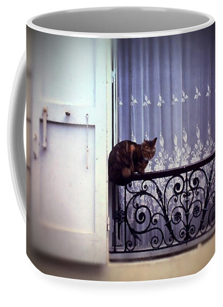 Vintage Travel Cat on a French Balcony 1967 - Mug