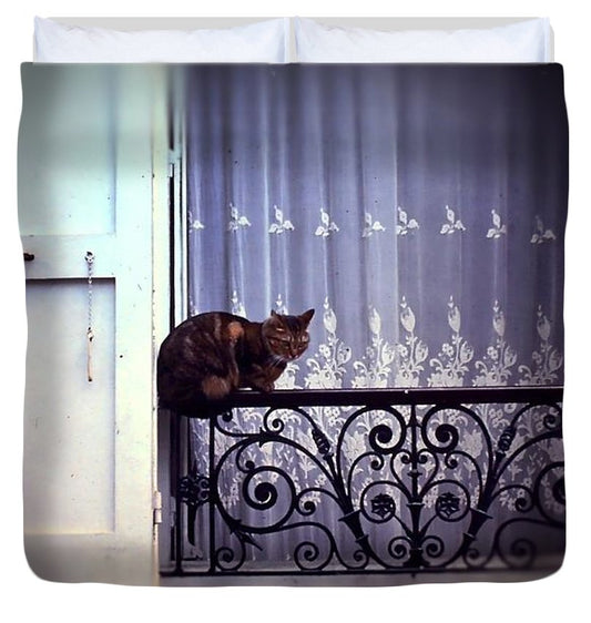 Vintage Travel Cat on a French Balcony 1967 - Duvet Cover