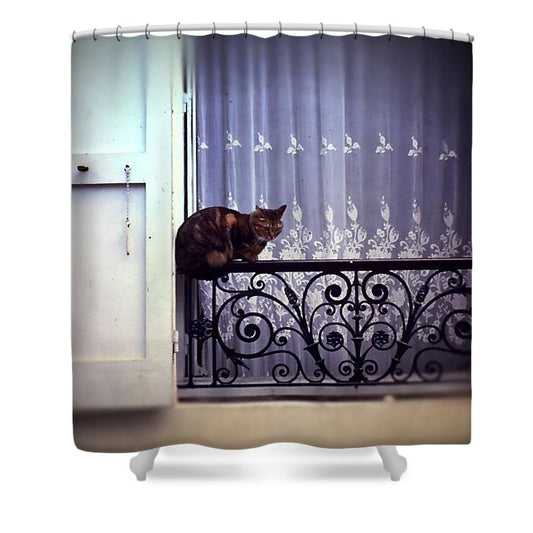 Vintage Travel Cat on a French Balcony 1967 - Shower Curtain