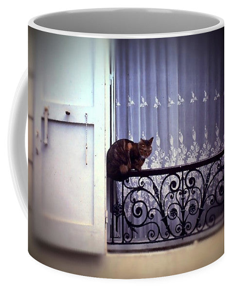 Vintage Travel Cat on a French Balcony 1967 - Mug