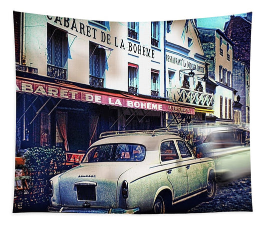 Vintage Travel French cafe Street Scene 1967 - Tapestry
