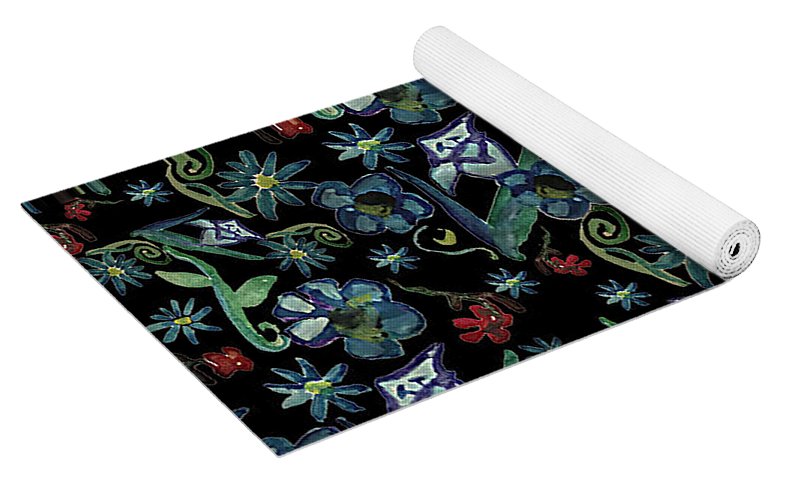 Watercolor Flowers On Black - Yoga Mat