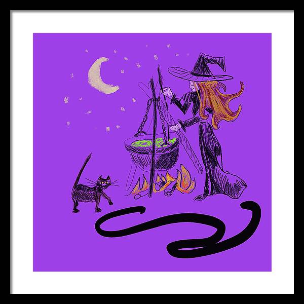 Witch Cat Cauldron - Framed Print