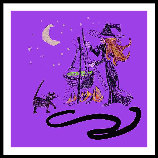 Witch Cat Cauldron - Framed Print