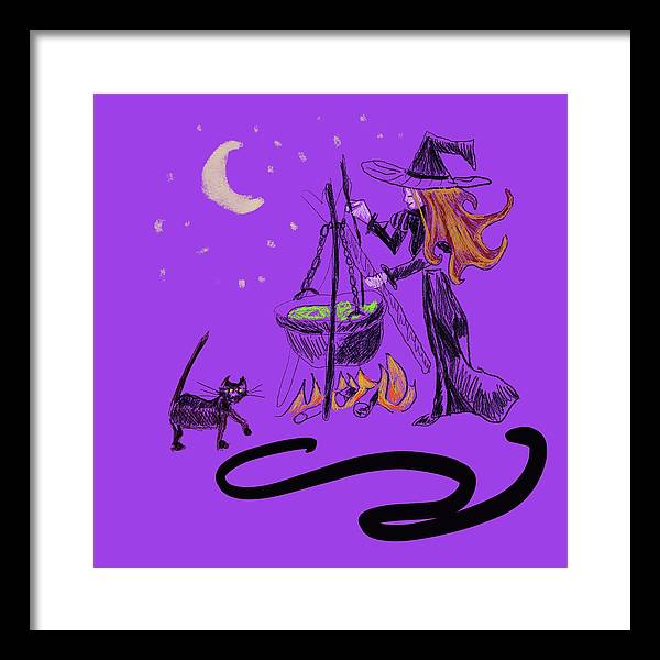 Witch Cat Cauldron - Framed Print