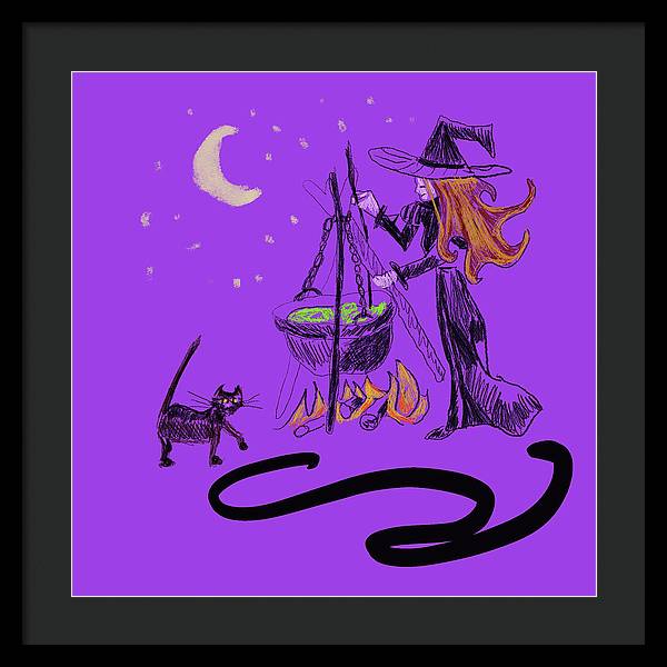 Witch Cat Cauldron - Framed Print