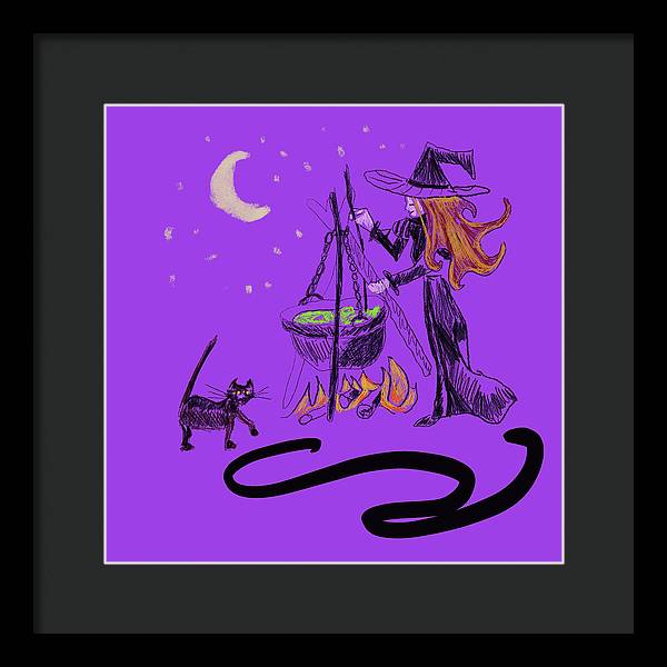 Witch Cat Cauldron - Framed Print