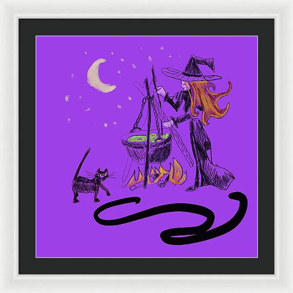 Witch Cat Cauldron - Framed Print