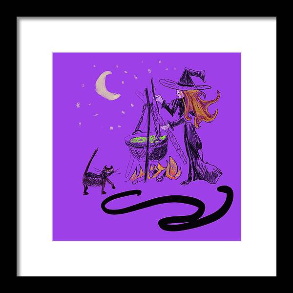 Witch Cat Cauldron - Framed Print