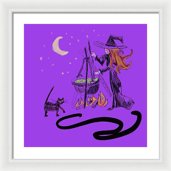 Witch Cat Cauldron - Framed Print