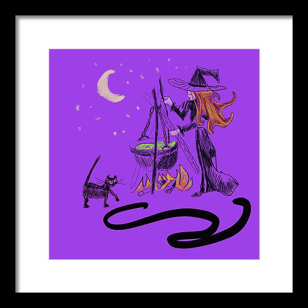 Witch Cat Cauldron - Framed Print