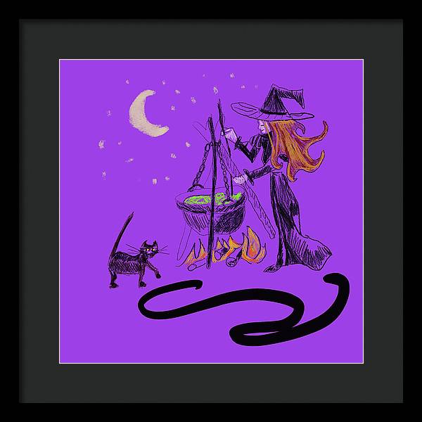 Witch Cat Cauldron - Framed Print