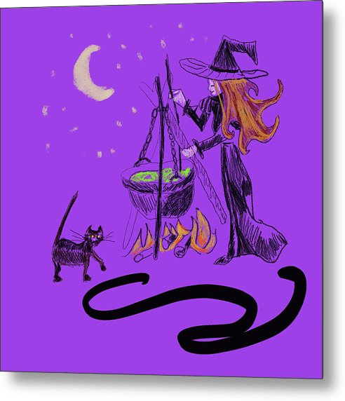 Witch Cat Cauldron - Metal Print
