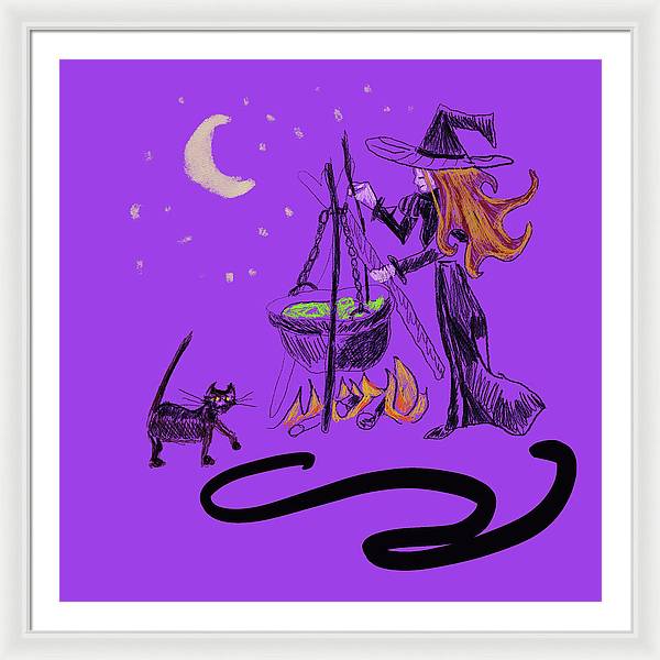 Witch Cat Cauldron - Framed Print