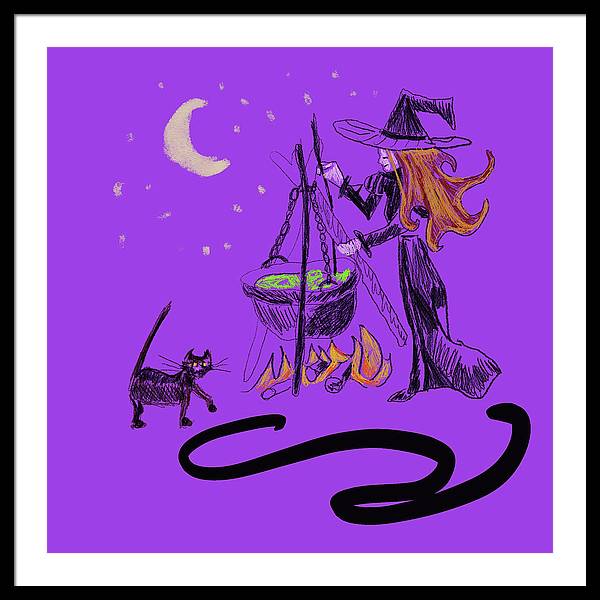 Witch Cat Cauldron - Framed Print