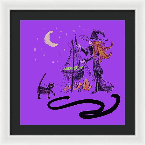 Witch Cat Cauldron - Framed Print